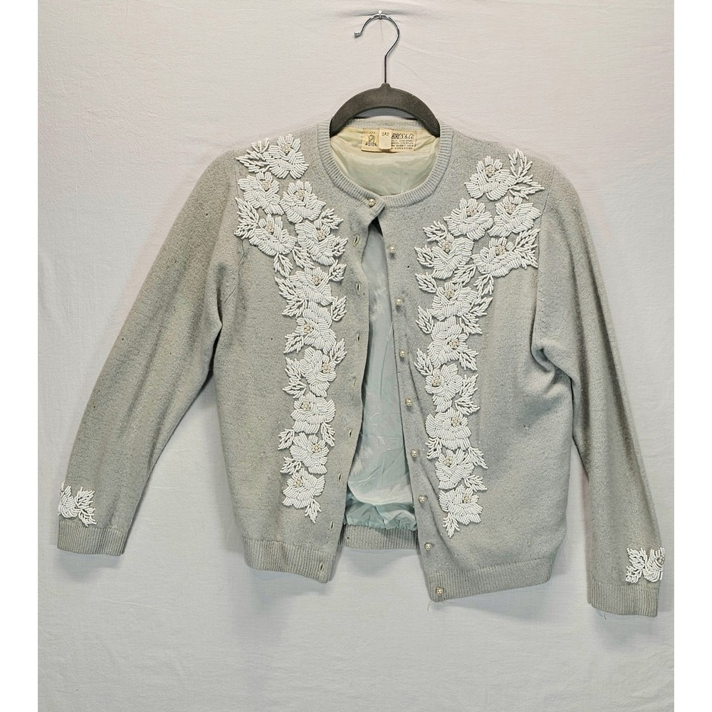 Banff Vintage Gray Lamb Wool Angora Beaded Cardigan Sz 36 Sweater Needs Repairs
